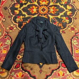 Lauren Ralph Lauren Black Linen Blazer with Ruffle Collar, Size 8, Brand New